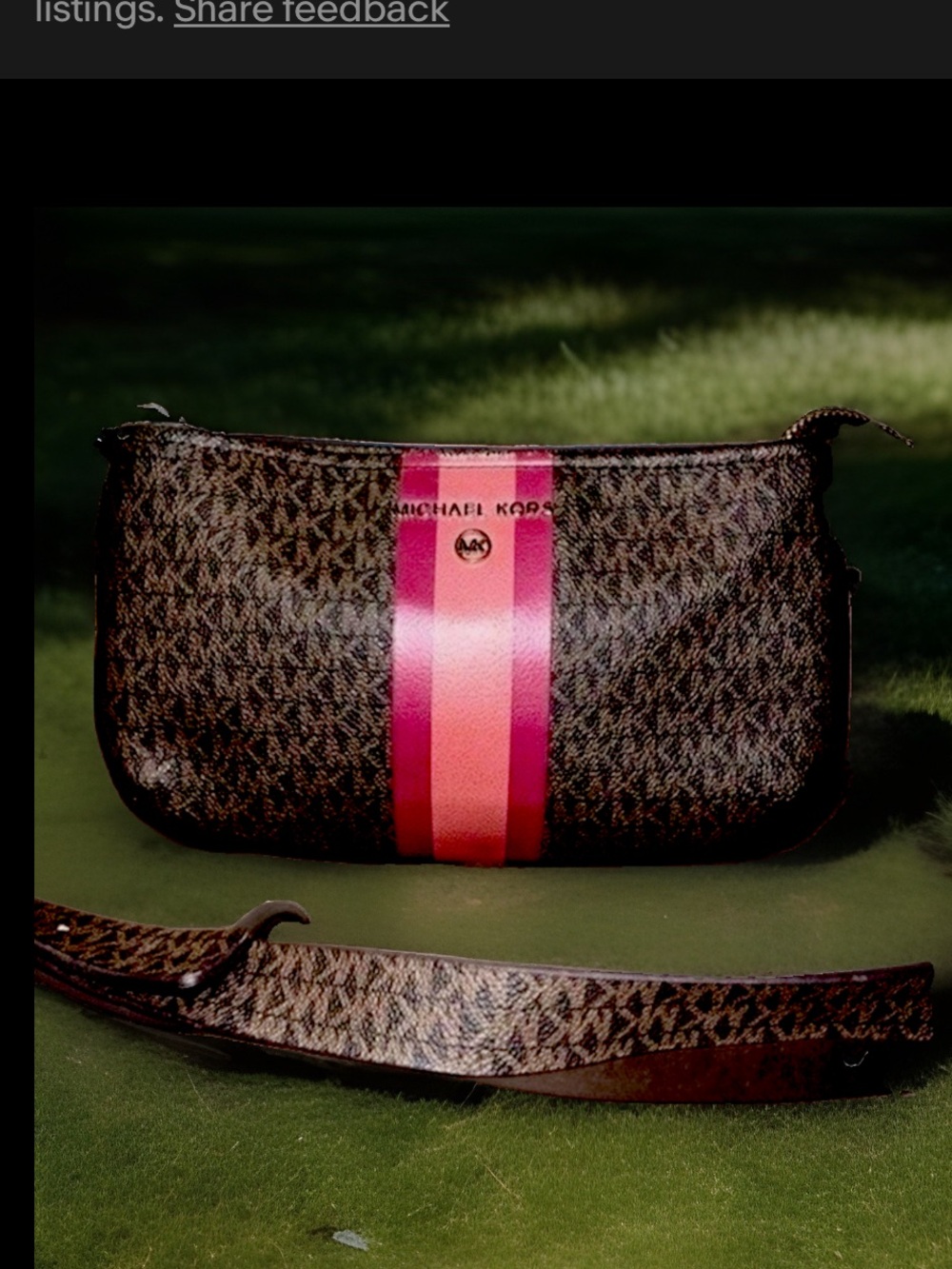 Michael Kors  Logo Stripe Zip Pouch signature MK monogram  a bright pink stripe.